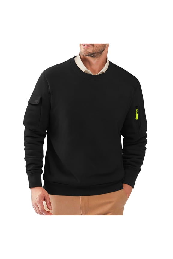 Mens Casual Fleece Lined Sweatshirts with Sleeve Pockets Fashion Crew Neck Cargo Sweatshirts