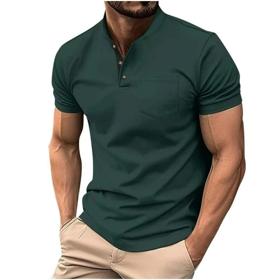 Chiccall Mens Casual Shirts Fashion Solid V Neck Short Sleeve Button Summer Blouse Tops with Pocket