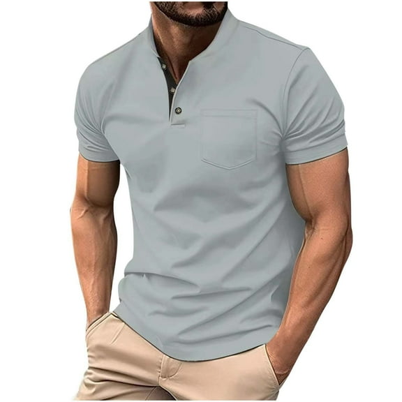 Chiccall Mens Casual Shirts Fashion Solid V Neck Short Sleeve Button Summer Blouse Tops with Pocket