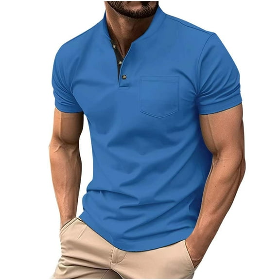 Chiccall Mens Casual Shirts Fashion Solid V Neck Short Sleeve Button Summer Blouse Tops with Pocket
