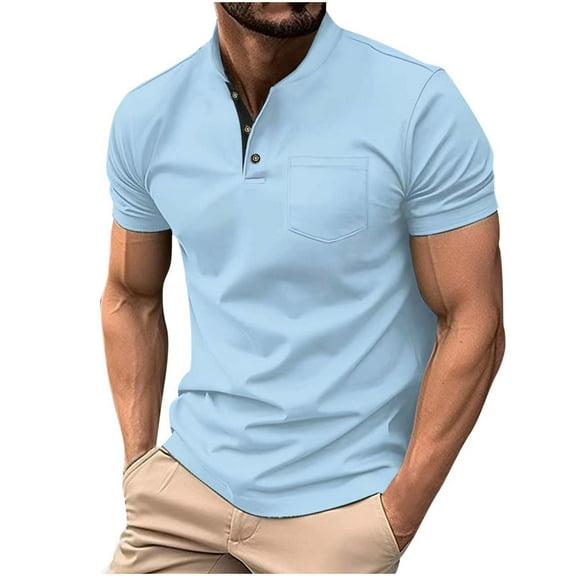 Chiccall Mens Casual Shirts Fashion Solid V Neck Short Sleeve Button Summer Blouse Tops with Pocket