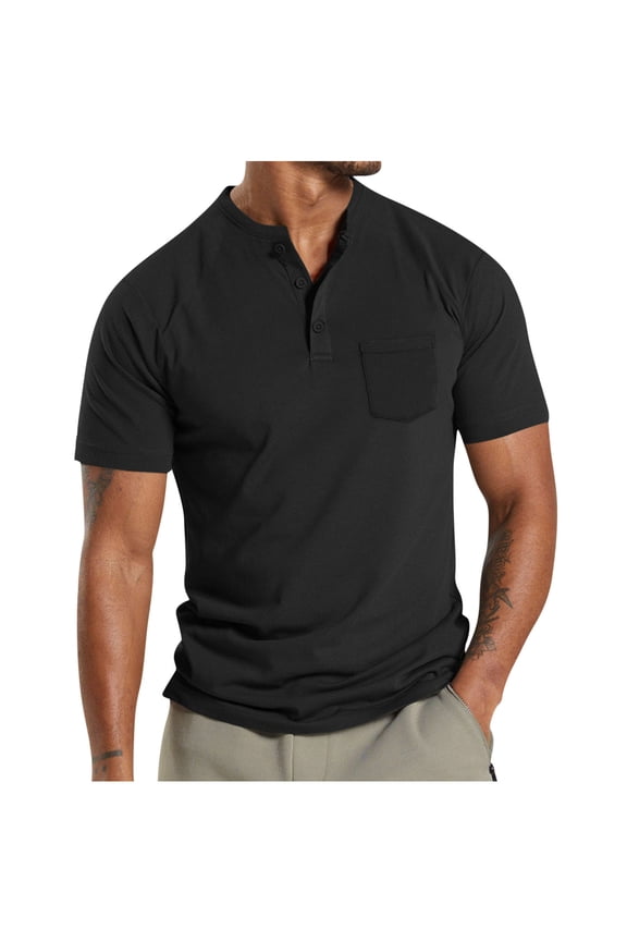 Mens Collarless Shirts Button up Pocket Short Sleeve Shirts Summer Casual Solid Basic Tops Black M