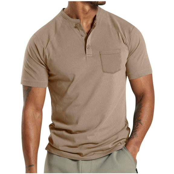 Chiccall Mens Collarless Shirts Button up Pocket Short Sleeve Shirts Summer Casual Solid Basic Tops Khaki M