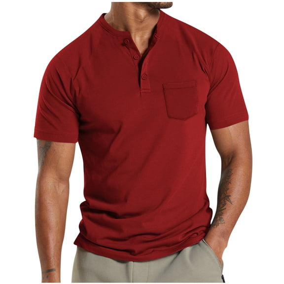 Chiccall Mens Collarless Shirts Button up Pocket Short Sleeve Shirts Summer Casual Solid Basic Tops Red M