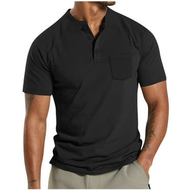 Chiccall Mens Collarless Shirts Button up Pocket Short Sleeve Shirts Summer Casual Solid Basic Tops Black XXL