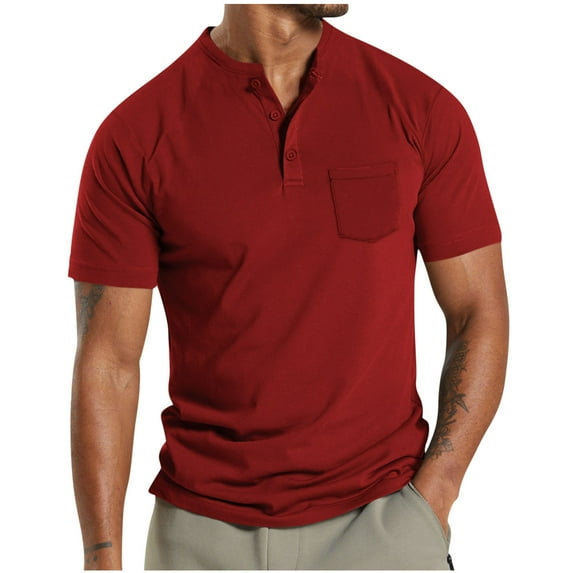 Chiccall Mens Collarless Shirts Button up Pocket Short Sleeve Shirts Summer Casual Solid Basic Tops Red XXXL