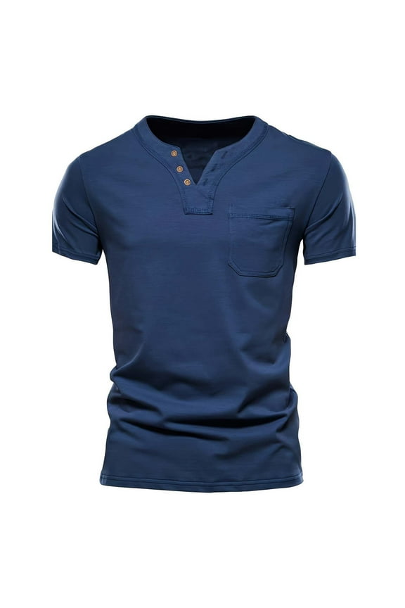Mens Collarless Shirts Short Sleeve Button Stretch Casual Breathable Lightweight T Shirts with Pocket