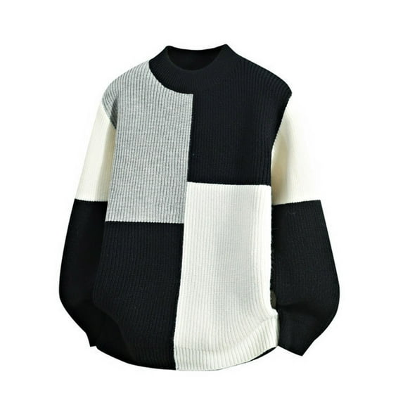 Chiccall Mens Colorblock Knitted Sweaters Fall Winter Casual Warm Thicken Crew Neck Patchwork Long Sleeve Pullover Sweater