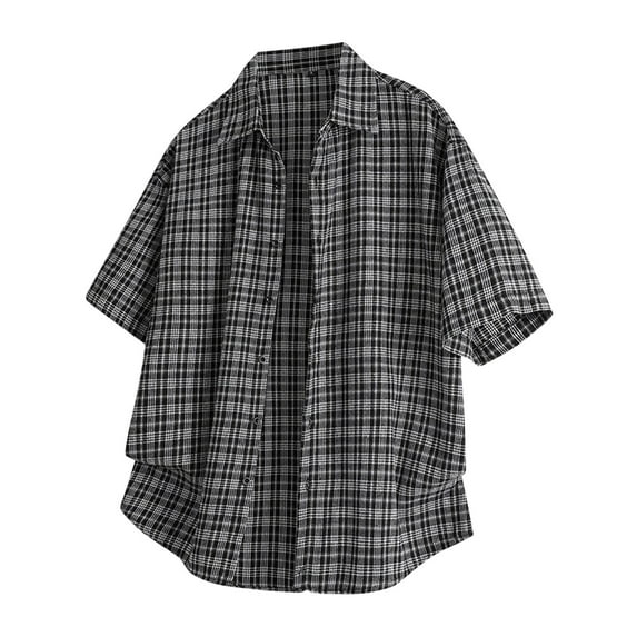 Chiccall Mens Colorblock Shirts Summer Striped Short Sleeve Button Down Plaid Casual Blouse Tops Black XXL