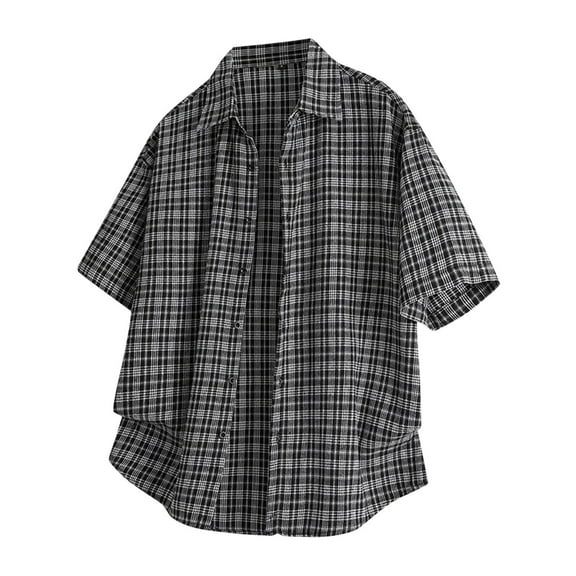 Chiccall Mens Colorblock Shirts Summer Striped Short Sleeve Button Down Plaid Casual Blouse Tops Black XXL