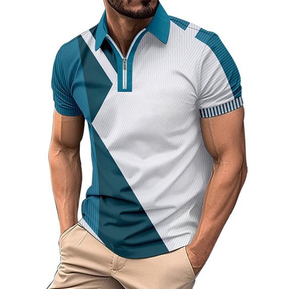 Chiccall Mens Colorblock Zip Shirts Short Sleeve Casual Striped Stylish Shirts Green XL