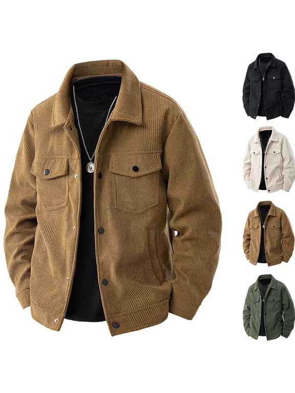 Mens Corduroy Jackets Long Sleeve Snap Down Solid Coat Fall Winter Casual Vintage Outdoor Heavy Warm Jackets with Pockets