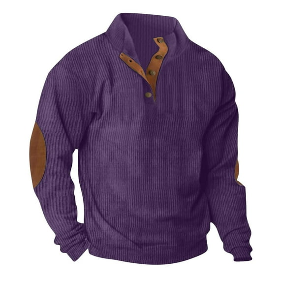 Chiccall Mens Corduroy Sweatshirt Casual Mock Neck Quarter Button Patch Sweaters Long Sleeve Fall Winter Pullover Tops