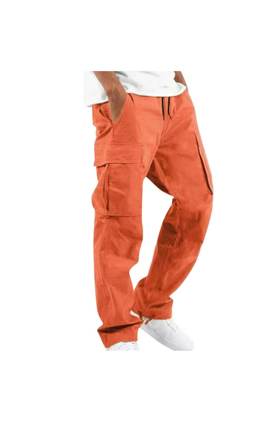 Mens Cotton Cargo Sweatpants Casual Elastic Waist Drawstring Outdoor Hiking Pants Casual Wide Leg Multi-Pocket Joggers Pants