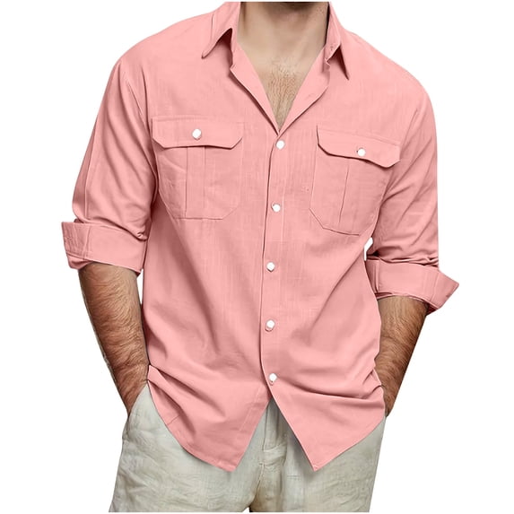 Chiccall Mens Cotton Linen Shirts Long Sleeve Button Down Lapel Shirt with Pockets