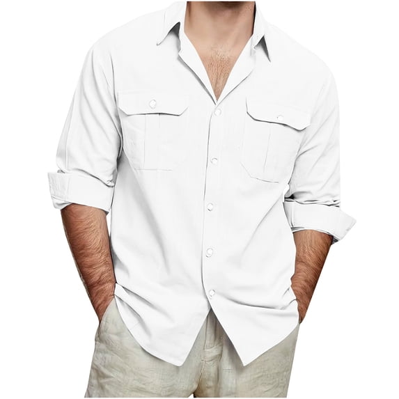 Chiccall Mens Cotton Linen Shirts Long Sleeve Button Down Lapel Shirt with Pockets