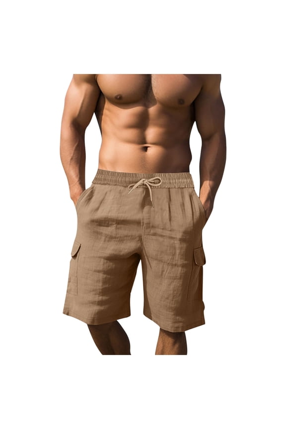 Mens Cotton Linen Shorts with 4 Pockets Elastic Waist Drawstring Casual Solid Summer Beach Shorts Khaki