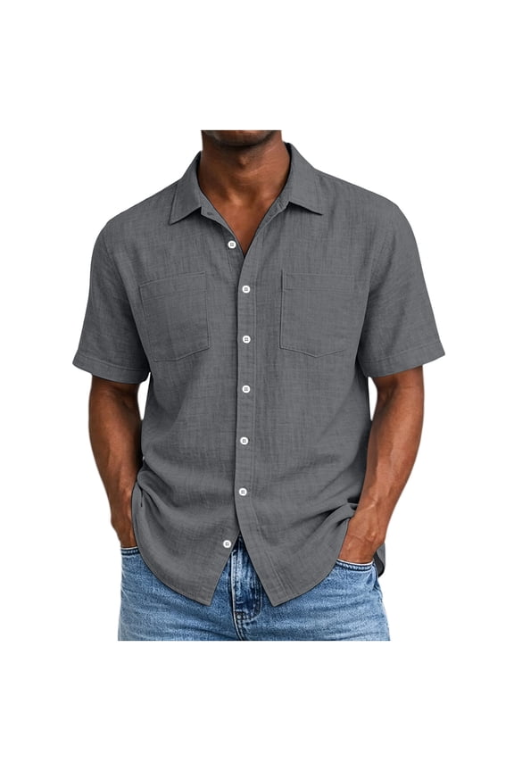 Mens Cotton Shirts Cargo Breathable Button Down Solid Short Sleeve Tops Summer Work Casual Comfy Shirts with 2 Pockets