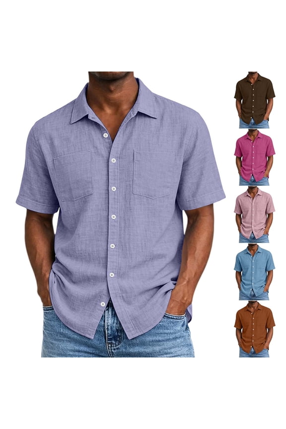 Mens Cotton Linen Shirts Cargo Breathable Button Down Solid Short Sleeve Tops Summer Work Casual Shirts with 2 Pockets