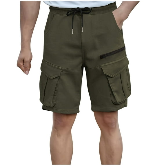 Chiccall Mens Cotton Shorts Elastic Waist Drawstring Multiple Pockets Cargo Shorts Outdoor Hiking Running Casual Shorts
