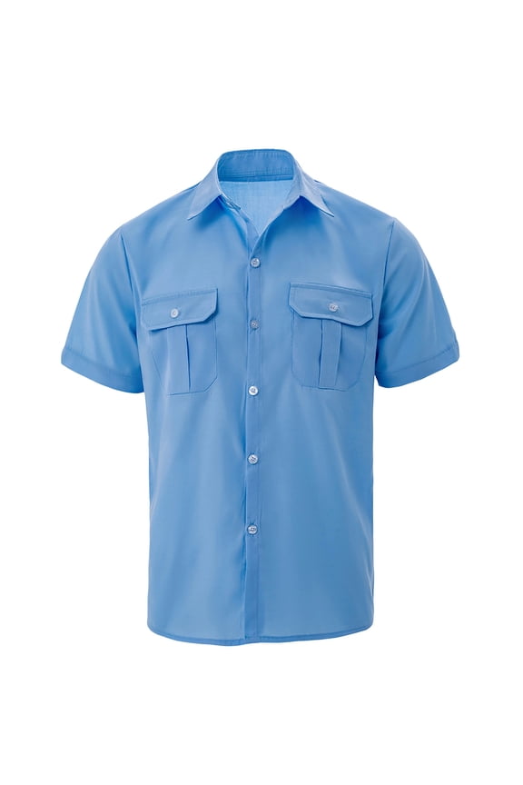 Mens Cotton Work Shirts Summer Lightweight Breathable Short Sleeve Lapel Cargo Shirts with Pockets