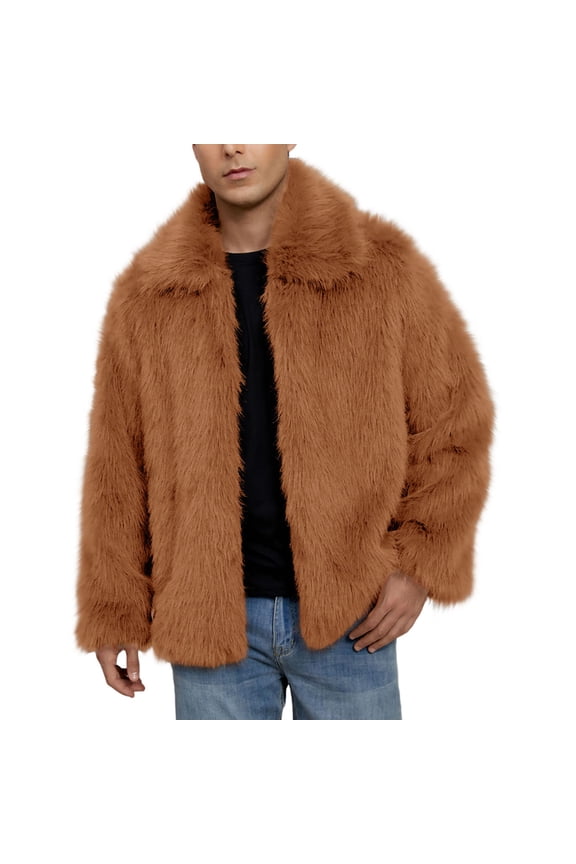 Mens Faux Furry Coats 2025 Winter Fashion Lapel Fuzzy Open Front Jacket Solid Cozy Warm Outwear with Pocket