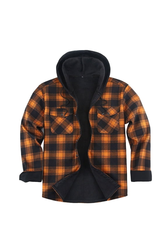 Mens Flannel Hoodie Shirt Thick Warm Fleece Lined Plaid Drawstring Button Down Hooded Jacket for Men Fall Winter Casual Stylish Coats with Pocket