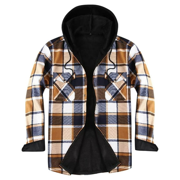 Chiccall Mens Flannel Hoodie Thick Warm Fleece Lined Plaid Drawstring Button Down Hooded Shirts for Men Fall Winter Casual Stylish Coats with Pocket