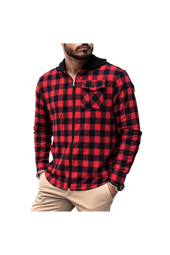 Mens Flannel Hoodies Fashion Casual Zip Up Plaid Shirt Jacket Long Sleeve Drawstring Hooded with Pocket