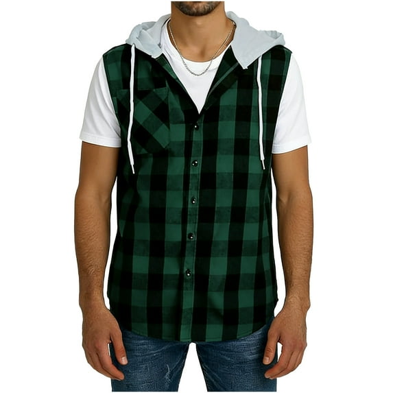 Chiccall Mens Flannel Shirts Button Down Sleeveless Drawstring Plaid Hoodies with Chest Pockets Stylish Summer Tops