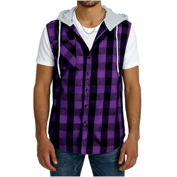 Chiccall Mens Flannel Shirts Button Down Sleeveless Drawstring Plaid Hoodies with Chest Pockets Stylish Summer Tops