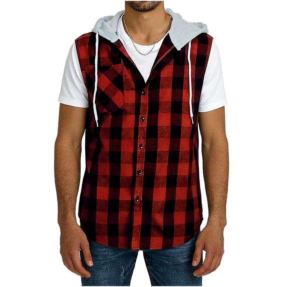 Chiccall Mens Flannel Shirts Button Down Sleeveless Drawstring Plaid Hoodies with Chest Pockets Stylish Summer Tops