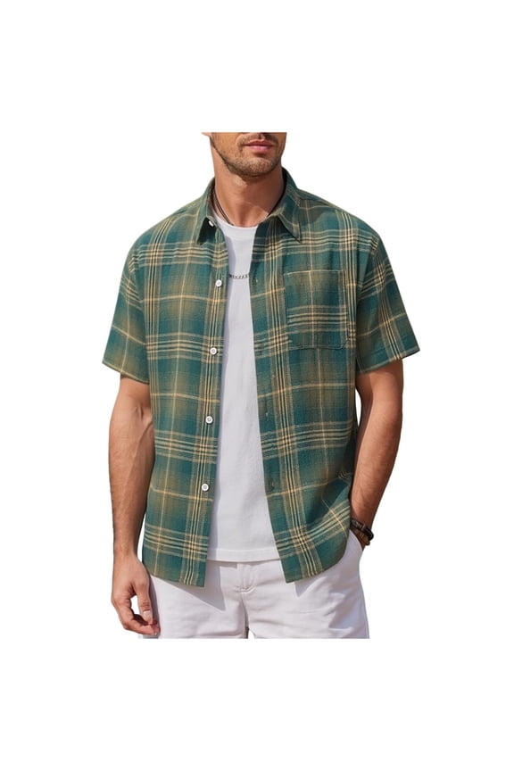 Mens Flannel Shirts Short Sleeve Button Down Breathable Tops Summer Fashion Casual Plaid Shirts with Pocket