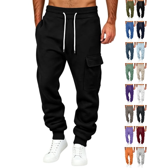 Chiccall Mens Fleece Cargo Sweatpants Baggy Warm Wide Leg Jogger Sweat Pants Casual Lounge Workout Elastic Waist Drawstring Trousers with 3 Pockets