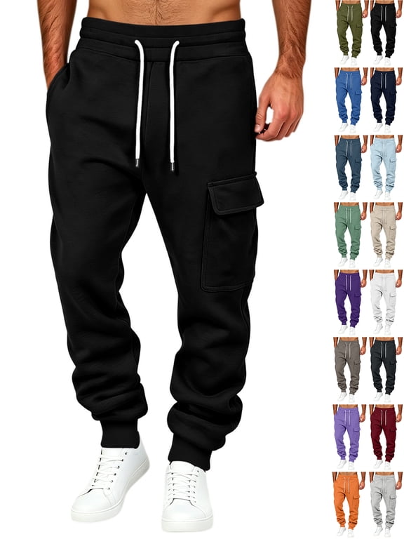 Chiccall Mens Fleece Cargo Sweatpants Baggy Warm Wide Leg Jogger Sweat Pants Casual Lounge Workout Elastic Waist Drawstring Trousers with 3 Pockets