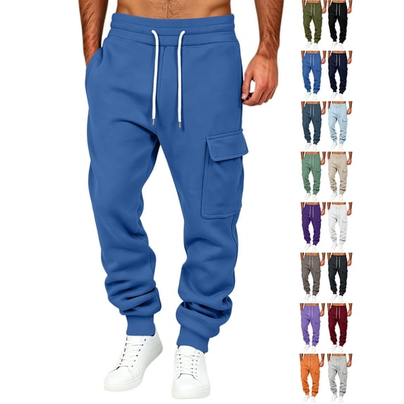 Chiccall Mens Fleece Cargo Sweatpants Baggy Warm Wide Leg Jogger Sweat Pants Casual Lounge Workout Elastic Waist Drawstring Trousers with 3 Pockets