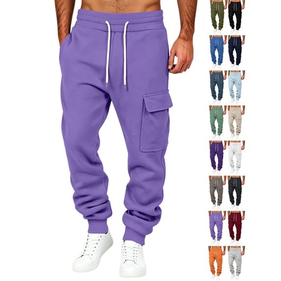 Chiccall Mens Fleece Cargo Sweatpants Baggy Warm Wide Leg Jogger Sweat Pants Casual Lounge Workout Elastic Waist Drawstring Trousers with 3 Pockets