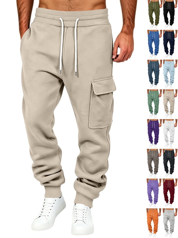 Chiccall Mens Fleece Cargo Sweatpants Baggy Warm Wide Leg Jogger Sweat Pants Casual Lounge Workout Elastic Waist Drawstring Trousers with 3 Pockets