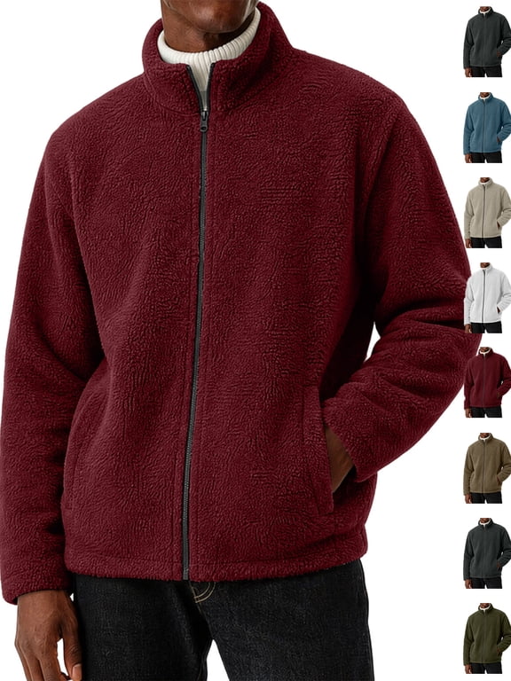 Chiccall Mens Fleece Jackets Winter Fuzzy Warm Thermal Full Zip Jacket Stand Collar Long Sleeve Coats with Pockets