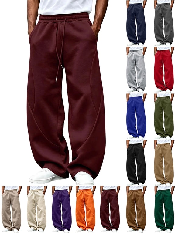 Mens Fleece Sweatpants Super Loose Fit Elastic Waist Wide Leg Open Bottom Casual Fashion Baggy Pants with Pockets Wine S