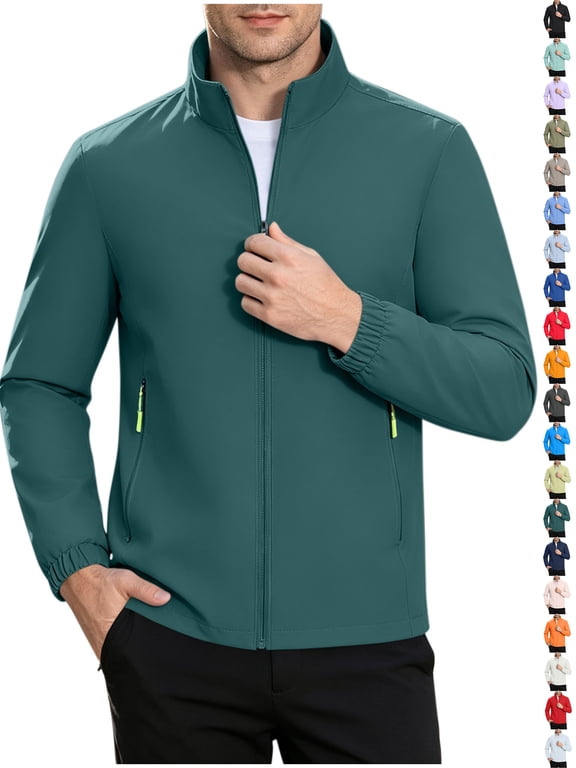 Chiccall Mens Full Zip Jackets Waterproof Outdoor Hiking Athletic Long Sleeve Stand Collar Windbreaker with Zipper Pockets