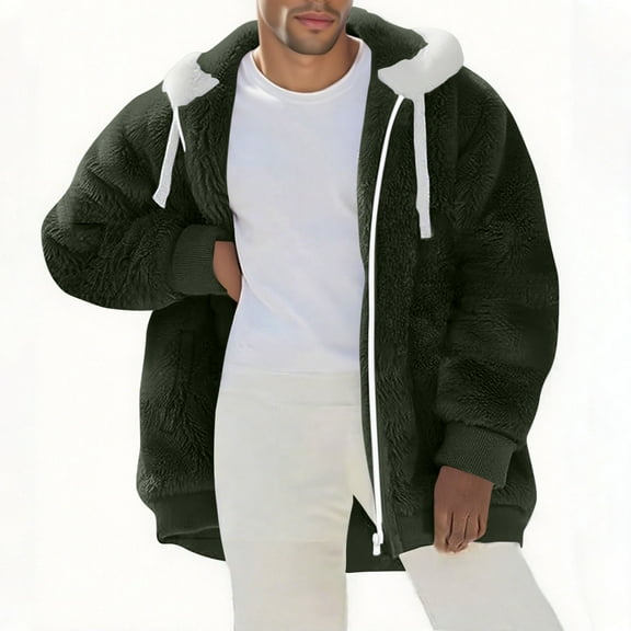 Chiccall Mens Fuzzy Jacket Hoodie Oversized Thicken Solid Sweaters Full Zip Hood Drawstring Winter Casual Warm Coat with Pocket