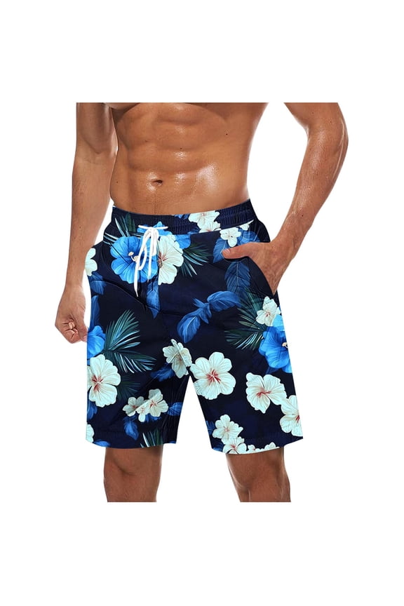 Mens Hawaiian Shorts Topical Beach Graphic Lightweight Swim Trunks Big Summer Elastic Waist Drawstring Shorts with Pockets L Blue