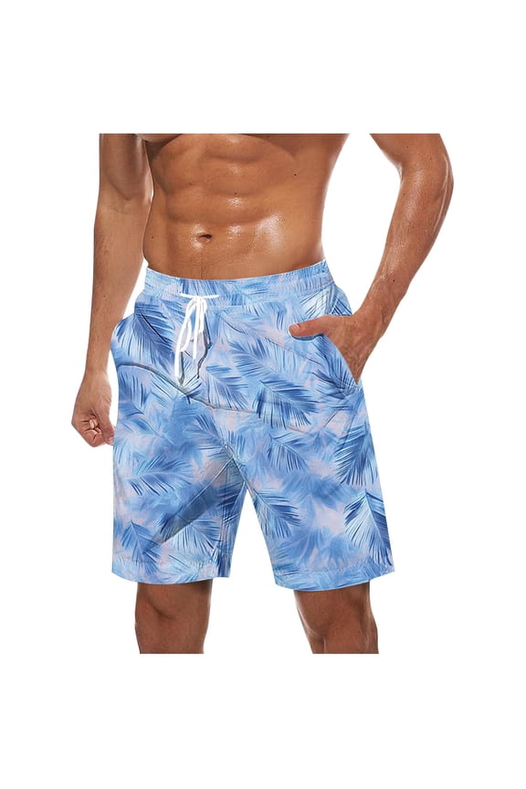 Mens Hawaiian Shorts Topical Beach Graphic Lightweight Swim Trunks Big Summer Elastic Waist Drawstring Shorts with Pockets L Blue
