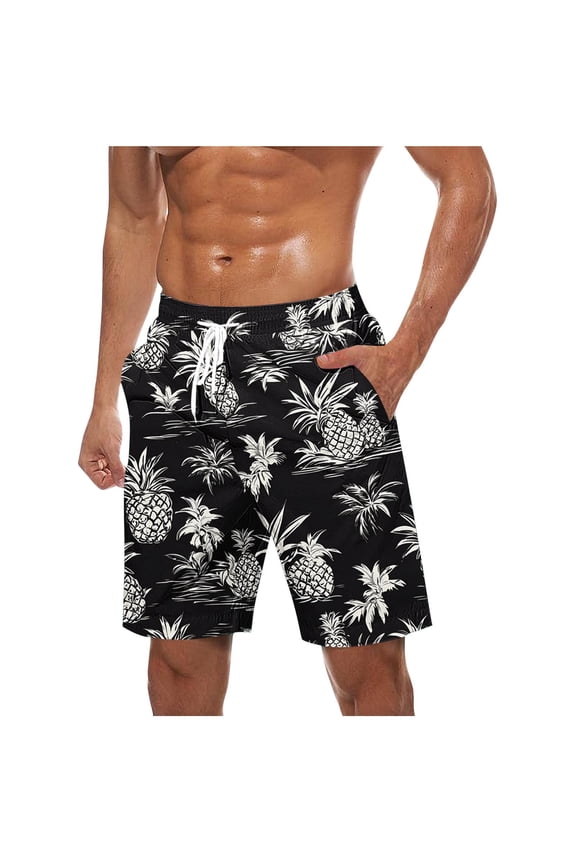 Mens Hawaiian Shorts Topical Beach Graphic Lightweight Swim Trunks Big Summer Elastic Waist Drawstring Shorts with Pockets S Black