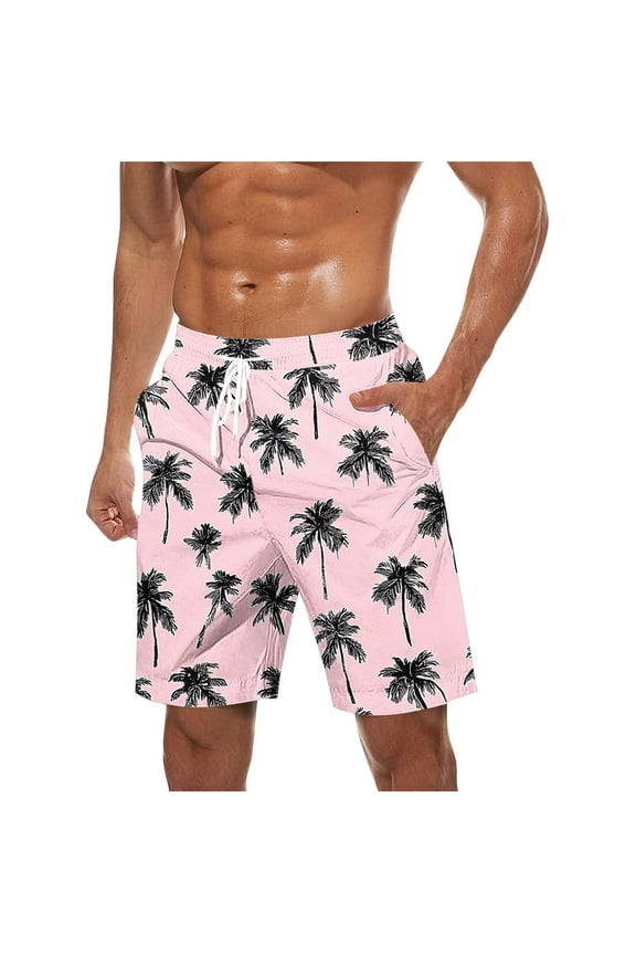 Mens Hawaiian Shorts Topical Beach Graphic Lightweight Swim Trunks Big Summer Elastic Waist Drawstring Shorts with Pockets S Pink