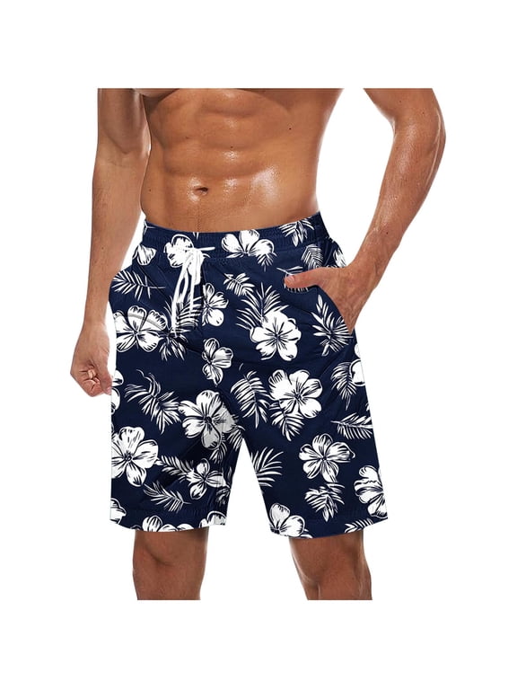 Mens Hawaiian Shorts Topical Beach Graphic Lightweight Swim Trunks Big Summer Elastic Waist Drawstring Shorts with Pockets XL Blue