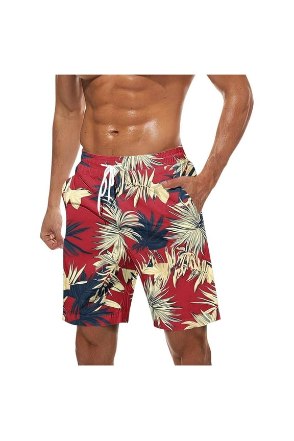 Mens Hawaiian Shorts Topical Beach Graphic Lightweight Swim Trunks Big Summer Elastic Waist Drawstring Shorts with Pockets XL Red