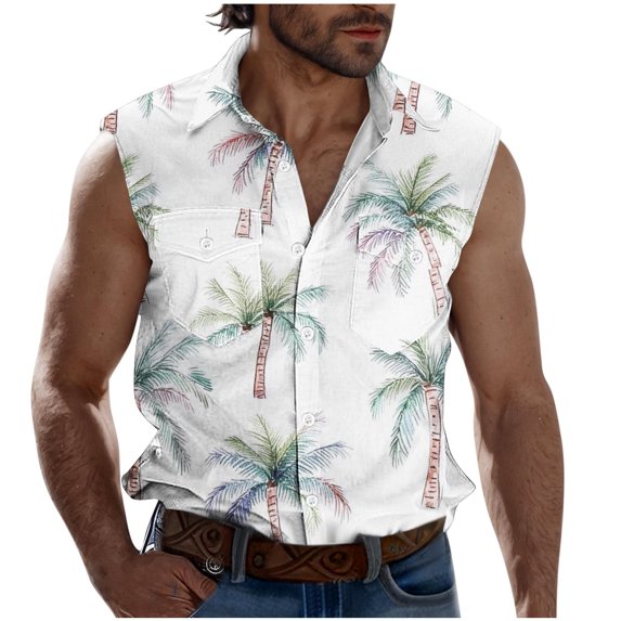 Chiccall Mens Hawaiian Tank Tops Tropical Beach Graphic Sleeve Shirts Floral Button Down V Neck Pockets Summer Tee Tops L White