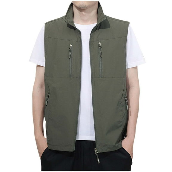 Chiccall Mens Hiking Vest with Multi Zipper Pockets Solid Sleeveless Summer Fishing Stylish Tops Army Green L